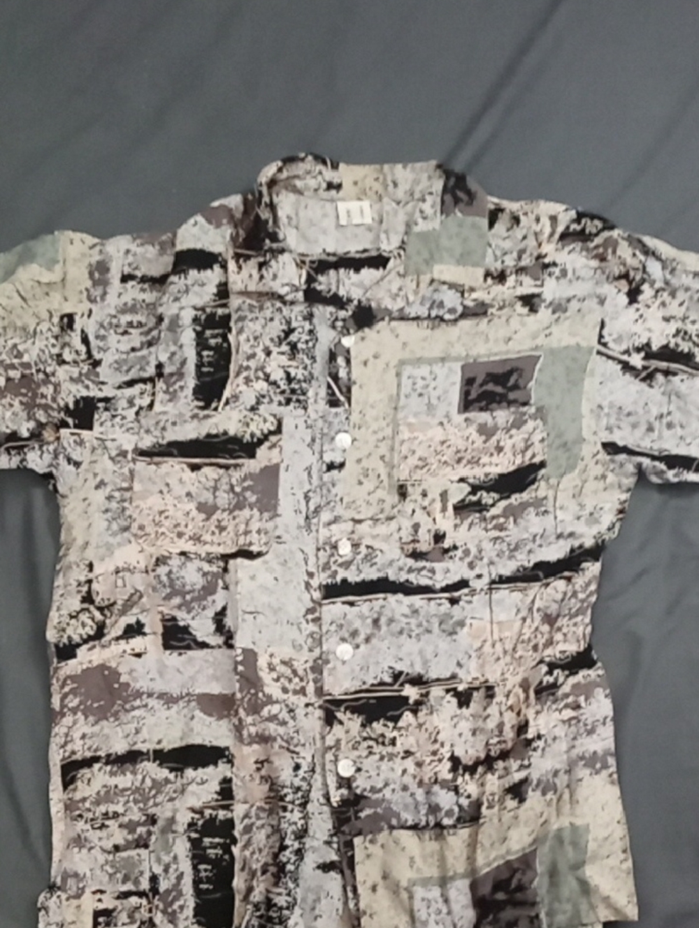 Abstract Patchwork Short Sleeve Button-Up Shirt - Neutral Tones